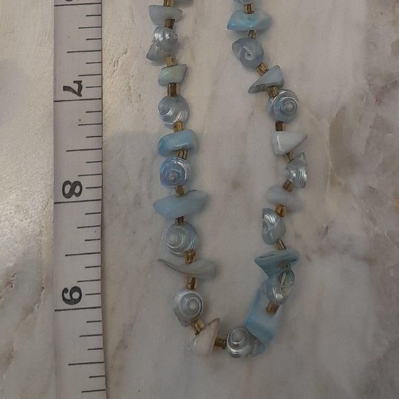 Light Blue Shell and Stone Necklace/ Coral coloured Shell Stretch Bracelet - Picture 12 of 14